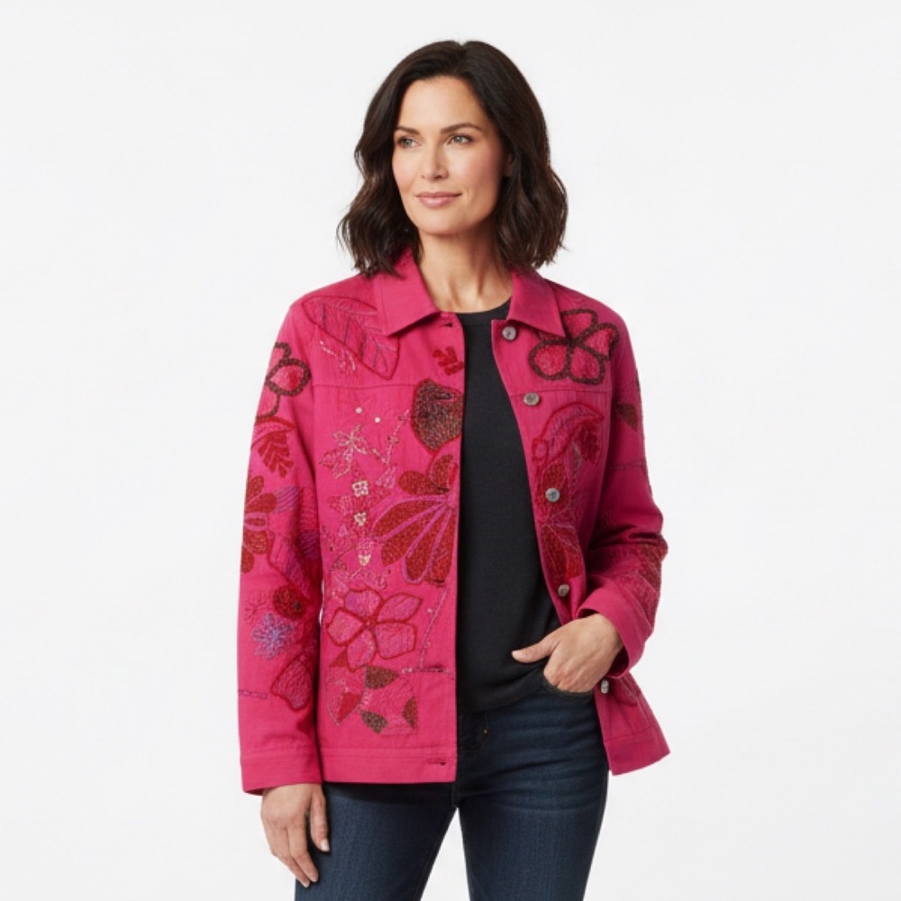 VTG Laura Ashley Petite Med Pink Floral Embroidered Denim Jacket Coat Maximalist